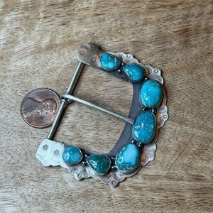 All sterling silver belt buckle with white water turquoise stones